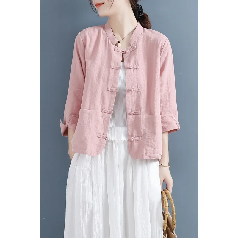 

Chinese Style Disc Buckle Retro Women's Spring and Autumn New Splicing Button Cotton Linen Top Chinese Tea Suit Shirt