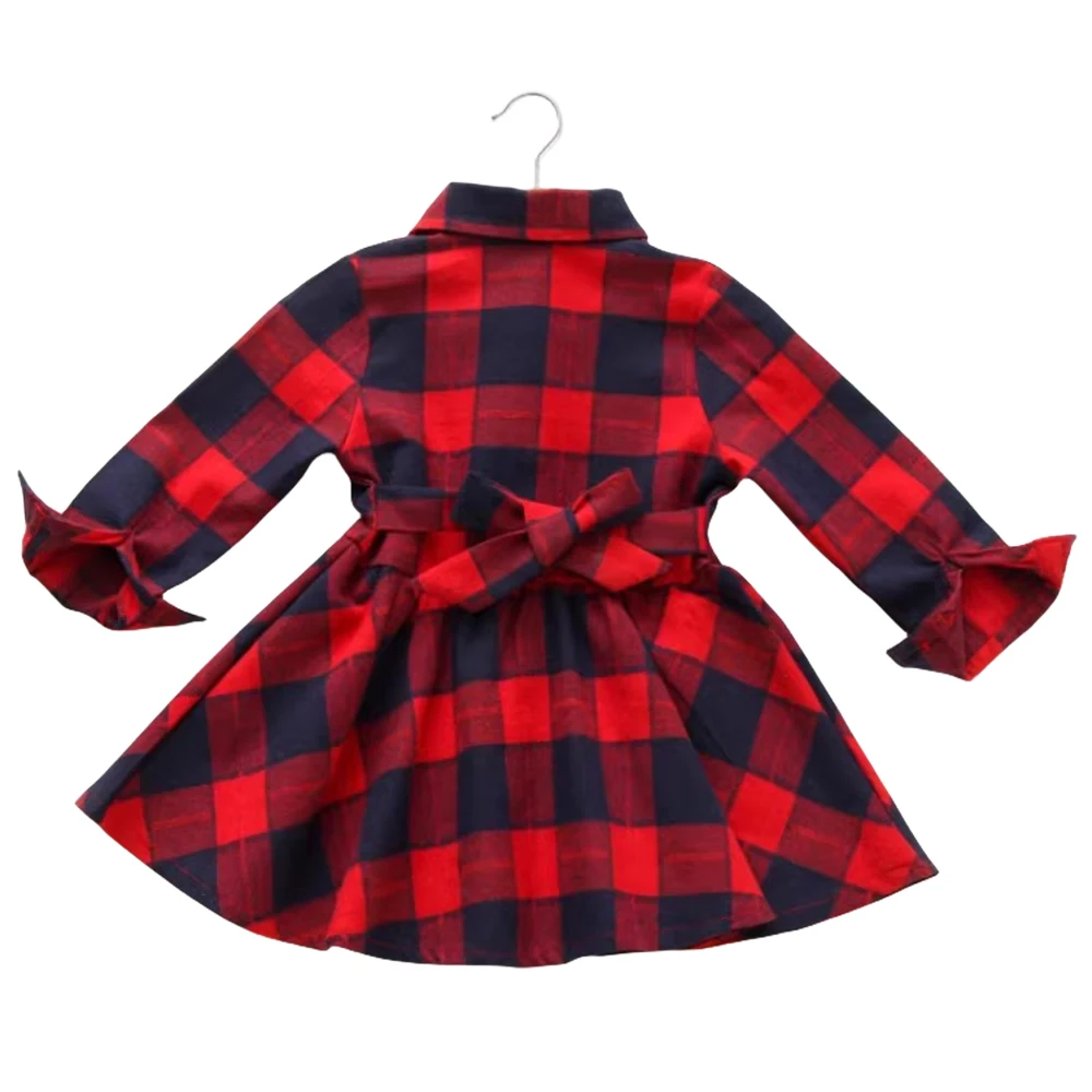 Girls\' Autumn and Winter New Checkered Dress Children\'s Long Sleeve Lapel Belt Bow Spring and Autumn Dress