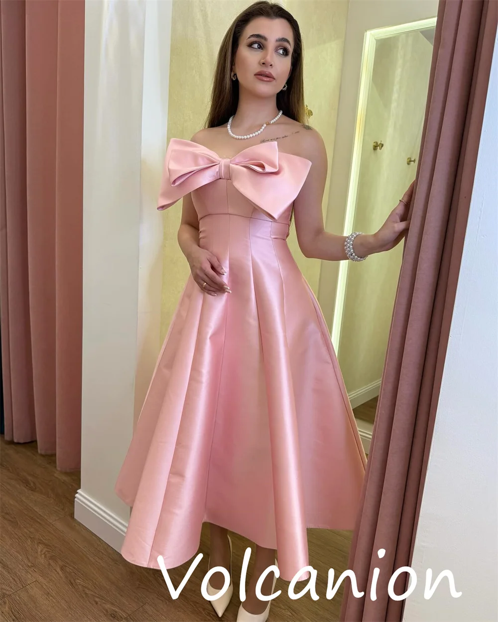 Customized Intricate Matching Charmeuse Bow Pleat A-line Strapless Midi Dresses Bespoke Occasion Fashion