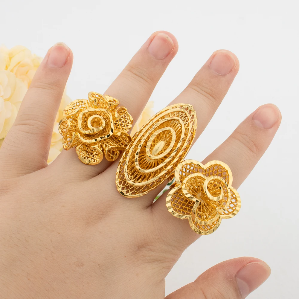 9PCS Random Rings Dubai 18K Gold Plated Flower Ring Brazilian Women Wedding Bride Jewellery Resizable Ring Jewelry Accessories