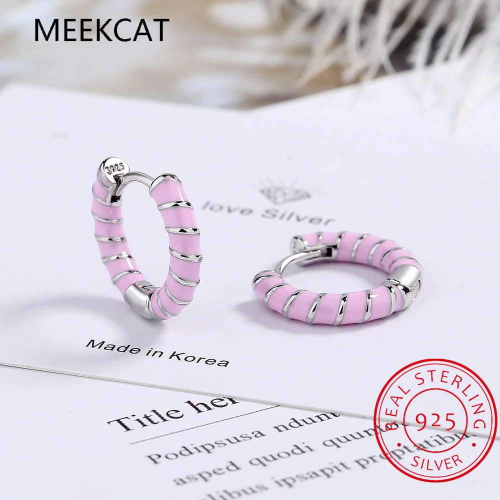 925 Sterling Silver Colorful Enamel Round Ear Buckles for Women Pink & White & Black Glaze Twist Hoop Earring Fine Jewelry Gift