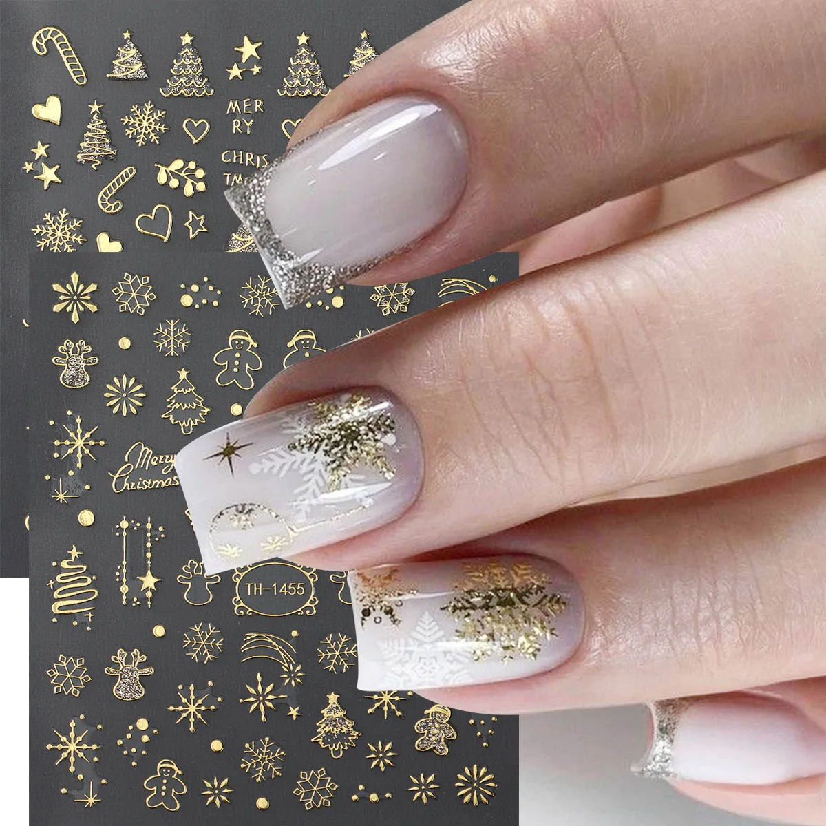 2pcs Golden Christmas Nail Art Stickers Christmas Ball Winter Snowflake Tree Candy Designs Self-Adhesive Nail Decals Decorations