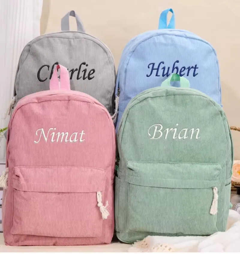 Personalized Corduroy Women Schoolbag Customized Embroidered Logo Backpack Training  Anti-theft Shoulder Bag For Teenager