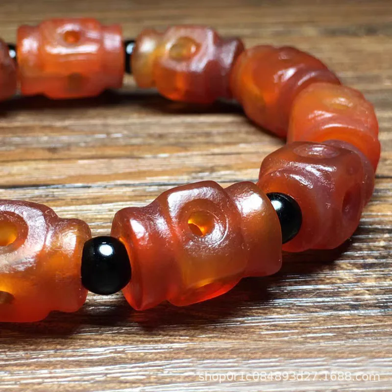 Antique Red Liao Jin Old Orange Peel Agate Hollow Transparent Carved Bracelet Spacer Beads Ornament