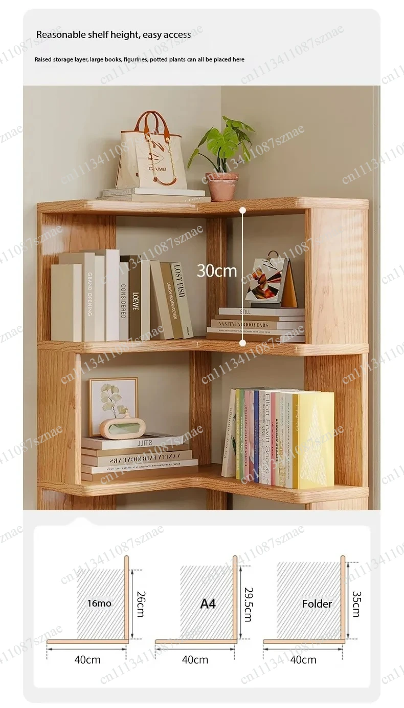 Space-Saving Solid Wood Corner Bookshelf with Floor Shelf, Integrated Wall Simple Bookcase for Living Room Storage