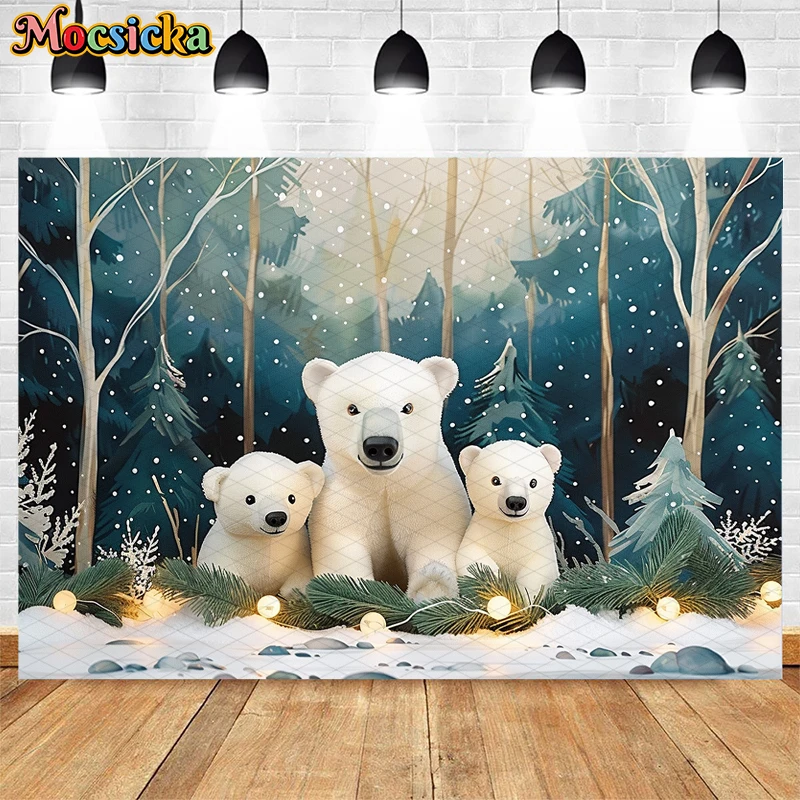 Mocsicka Winter Forest Photography Backdrops Polar Bear Snowflake Christmas Decor Child Adult Portrait Background Studio