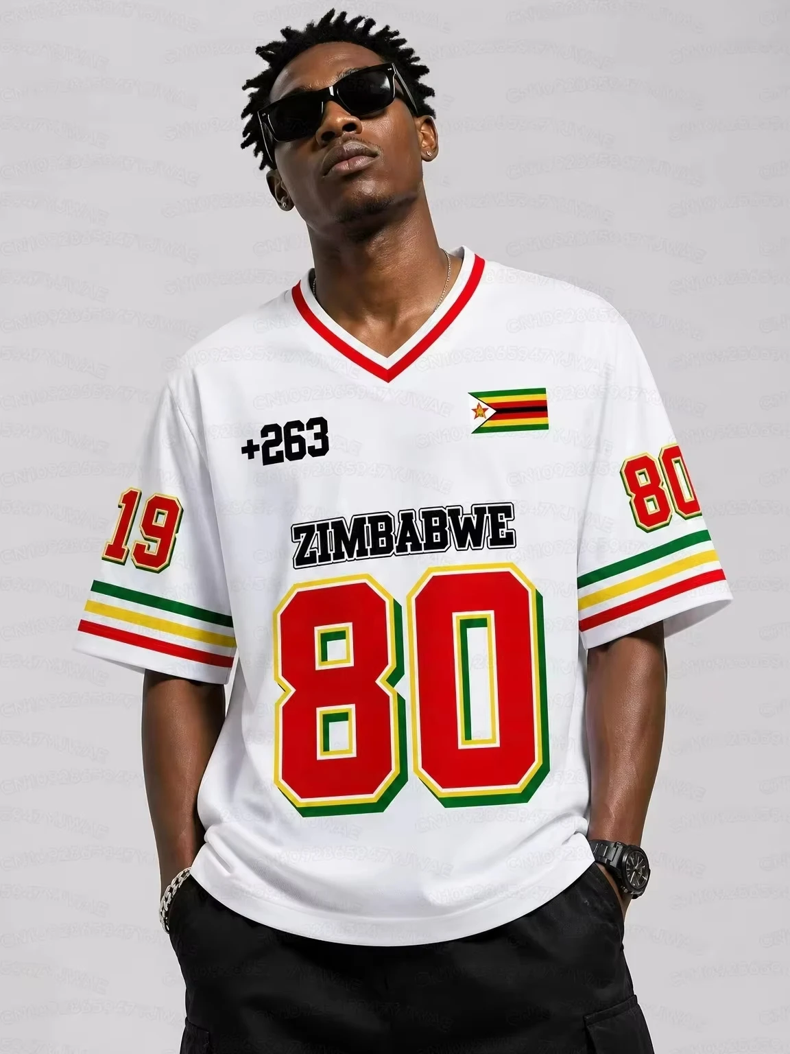 Summer Short-Sleeve Sweatshirt, Zimbabwe Men's V-Neck Short-Sleeve Sweatshirt, White Flag Print Street Style Men's Clothing