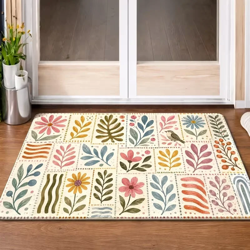 Vintage Patchwork Floral Leaf Bird Door Mat Non Slip Entrance Doormat Boho Multi Grid Plant Pattern Floor Rug