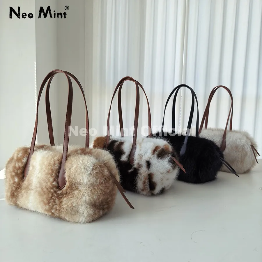 Neo Mint 2026 Winter Women's Trendy Bambi Fawn Print Fuzzy Handbag Street Fashion Girls Cute Deer Spotted Faux Fur Shoulder Bags