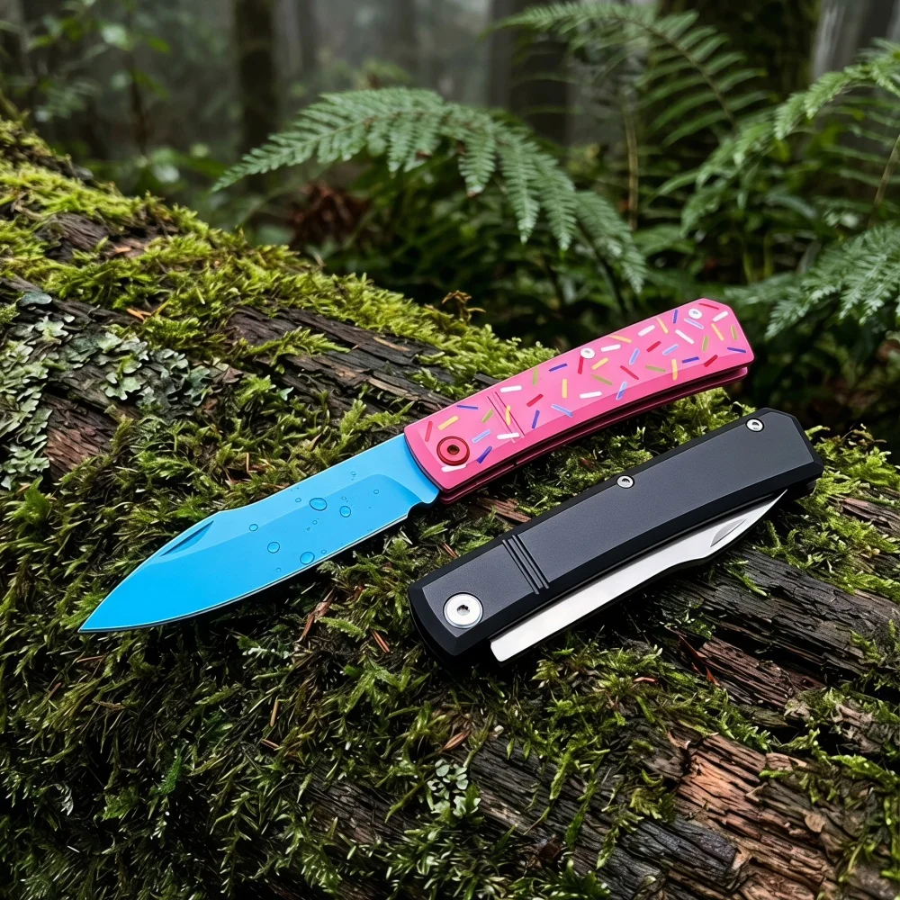Donut Pink Folding Pocket Knife D2 Handle Blue Blade Outdoor Camping Survival EDC Portable Pocket Knives Gift For Collection