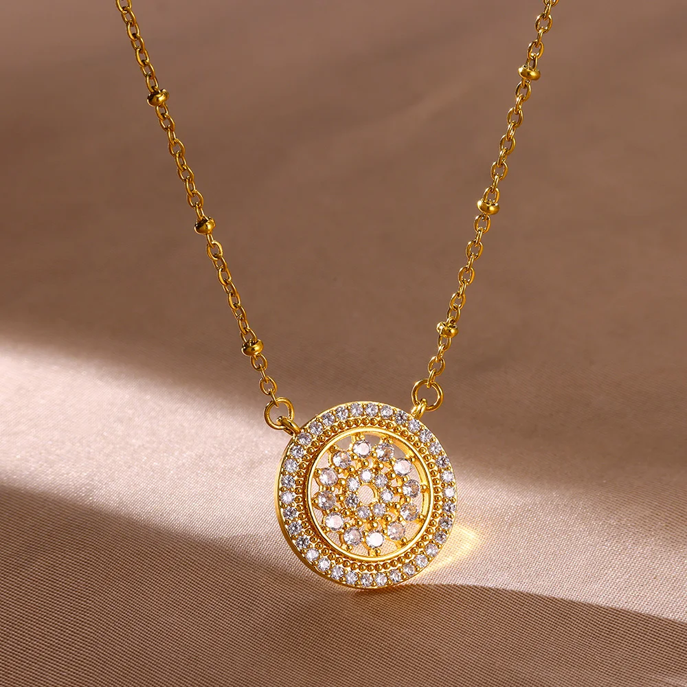 

Cubic Zirconia Pendant Necklace for Women Stainless Steel Gold Color Chain Crystal Accessory New Luxury Fashion Wedding Jewelry