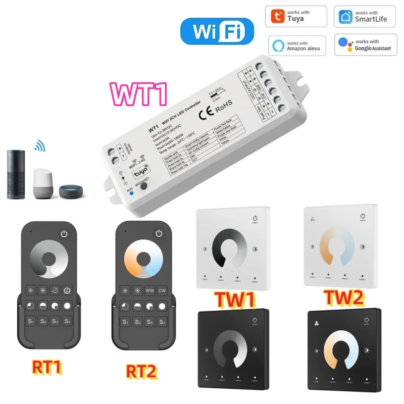 tuya wifi led controlador dimmer interruptor de escurecimento remoto sem fio dc12v36v 2ch inteligente rf rt1 tw1 24g rf ww cw cct 01