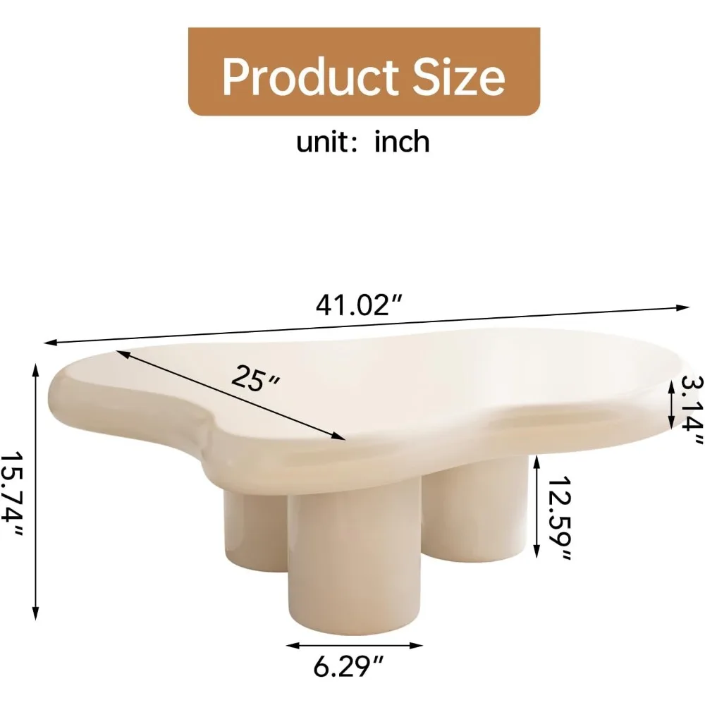 43.3-inch Cloud Shaped Cute Coffee Table, 3 Short Legs, Modern Live Round Edged Coffee Table, Fashionable Minimalism Furniture