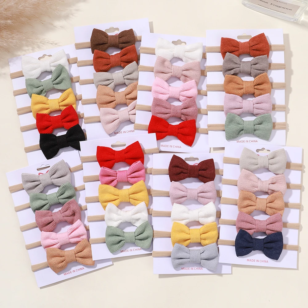 5Pcs/Set Elastic Baby Headband Solid Corduroy Ribbon Bow Headscarf Hairband Newborn Cute Knitted Headband Babe Hair Accessories