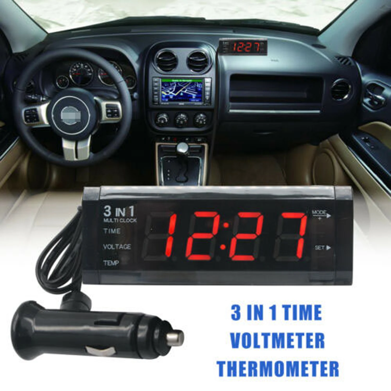 3 in 1 Car Digital Clock Thermometer Voltmeter Waterproof Temperature Probes Auto Interior Modification Car Electric Clock