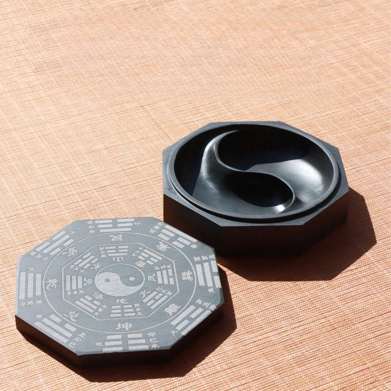 Natural Raw Stone She Inkstone Tai Chi Bagua Pattern Non Drying Inkstone Chinese Calligraphy Painting Supplies Study Stationery