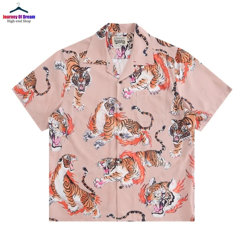 

WACKO MARIA Green Pink Latest Ring of Fire Tiger Totem Mens Womens Short Sleeve Shirt Beach Loose Casual Summer Tops