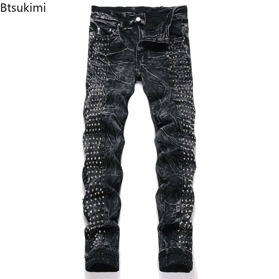 2026 Retro Punk High Street Trend Black Jeans Rivet Design Men Slim Casual Pants Fashion Classic Men Denim Pants Four Season New