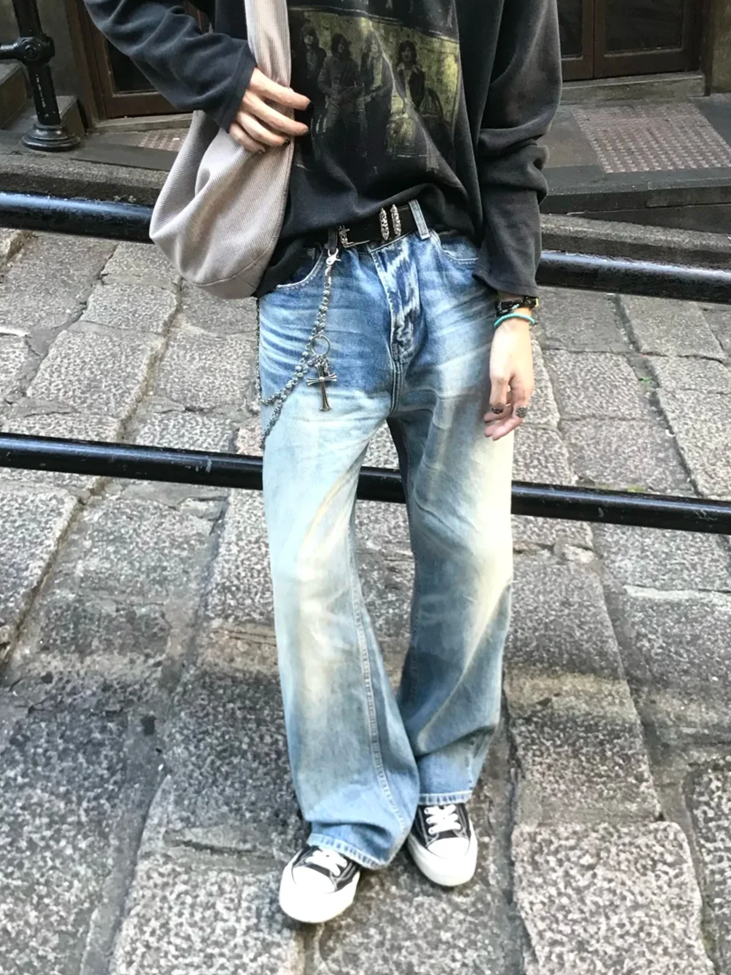 

Loose Straight Leg Men's Jeans Bell Bot Blue Water Ripple Waed Classic Fit Long Trousers Casual mid Waist Denim Jeans