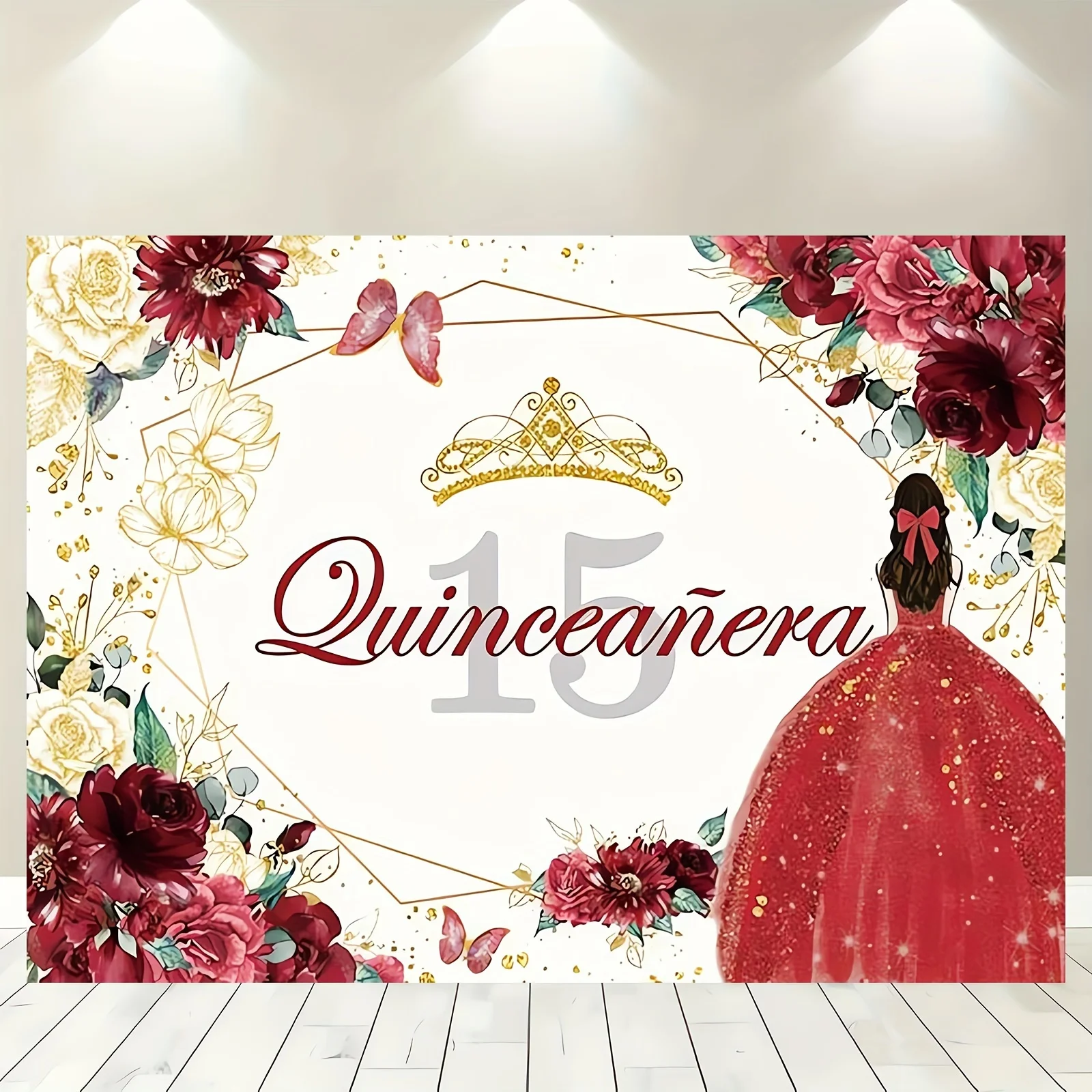 1pc,  Quinceanera 15th Birthday Backdrop For Sweet Mis Quince Anos Party Decorations Red And Gold Glitter Floral Crown Butterfly