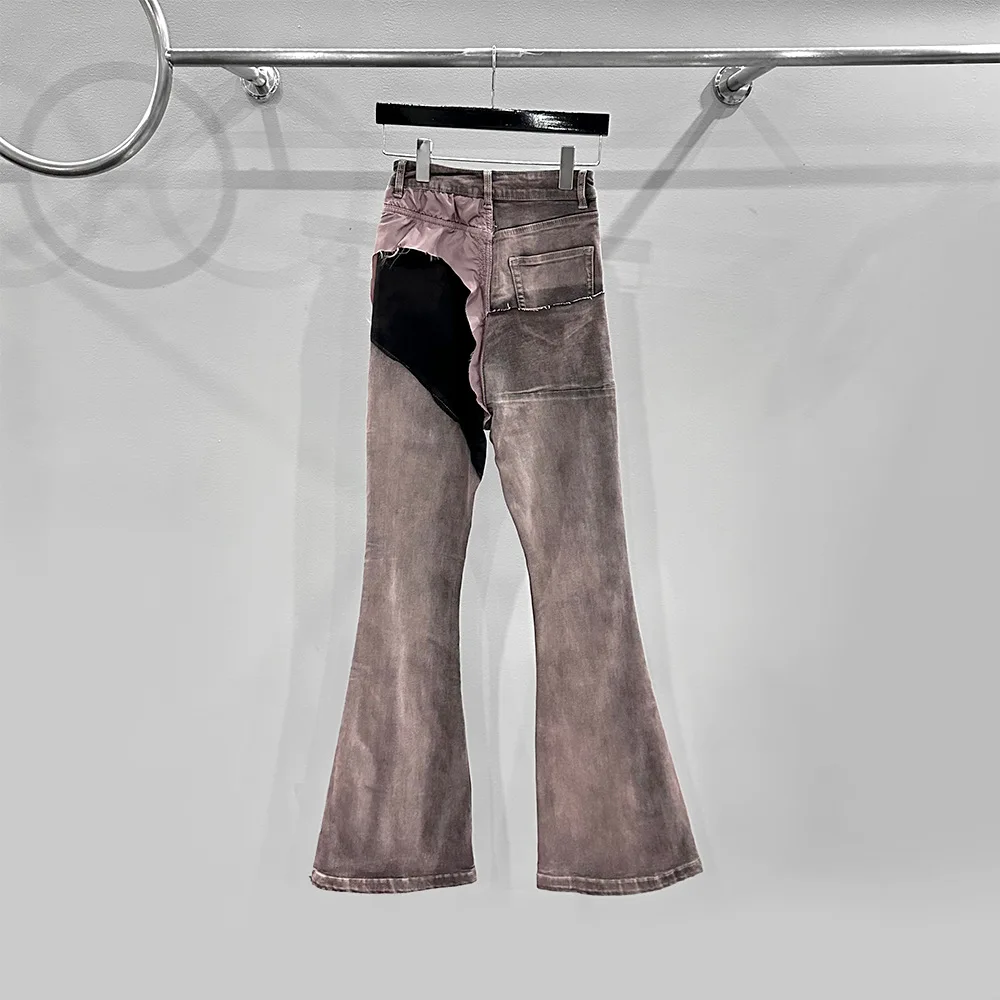 High Street Dark Style Color-block Paneled Coated Waxed Flared Jeans Women's Casual Fashion Pants Women's Clothing