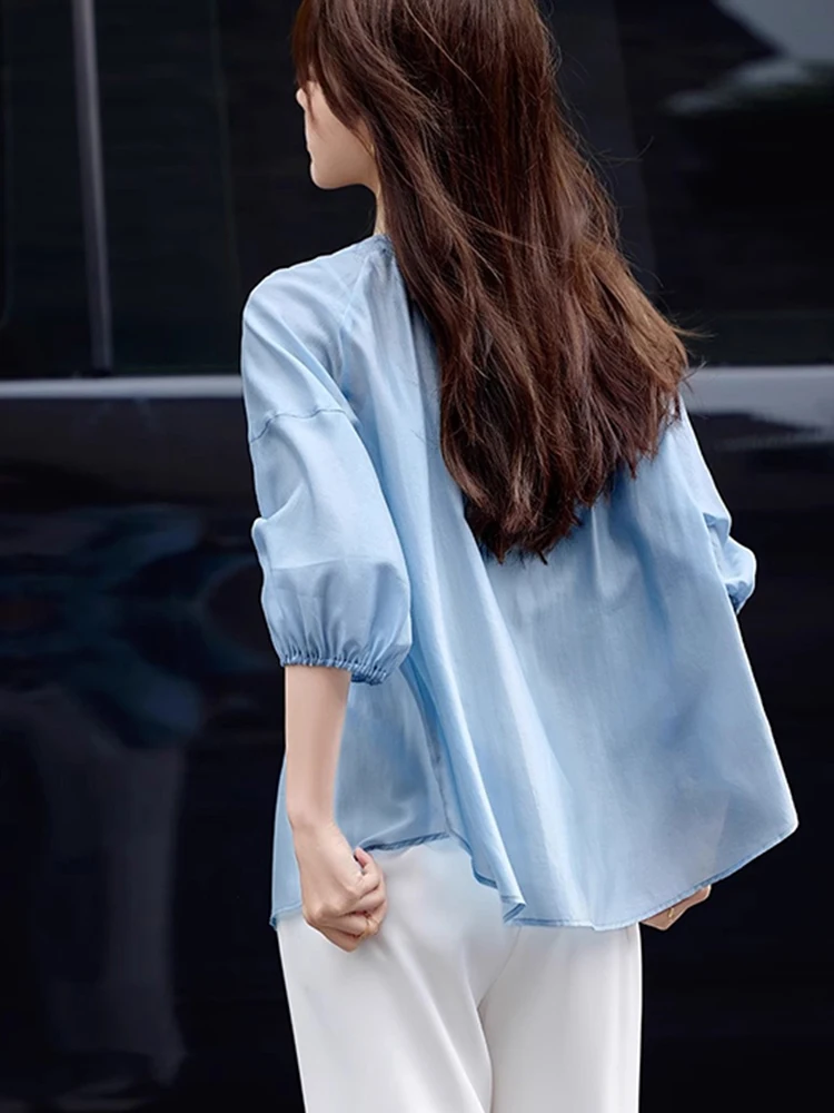 قميص نسائي فضفاض بلون واحد للتنحيف بأكمام ثلاثة أرباع عصري على الطراز الكوري قصة مستقيمة جديد للصيف