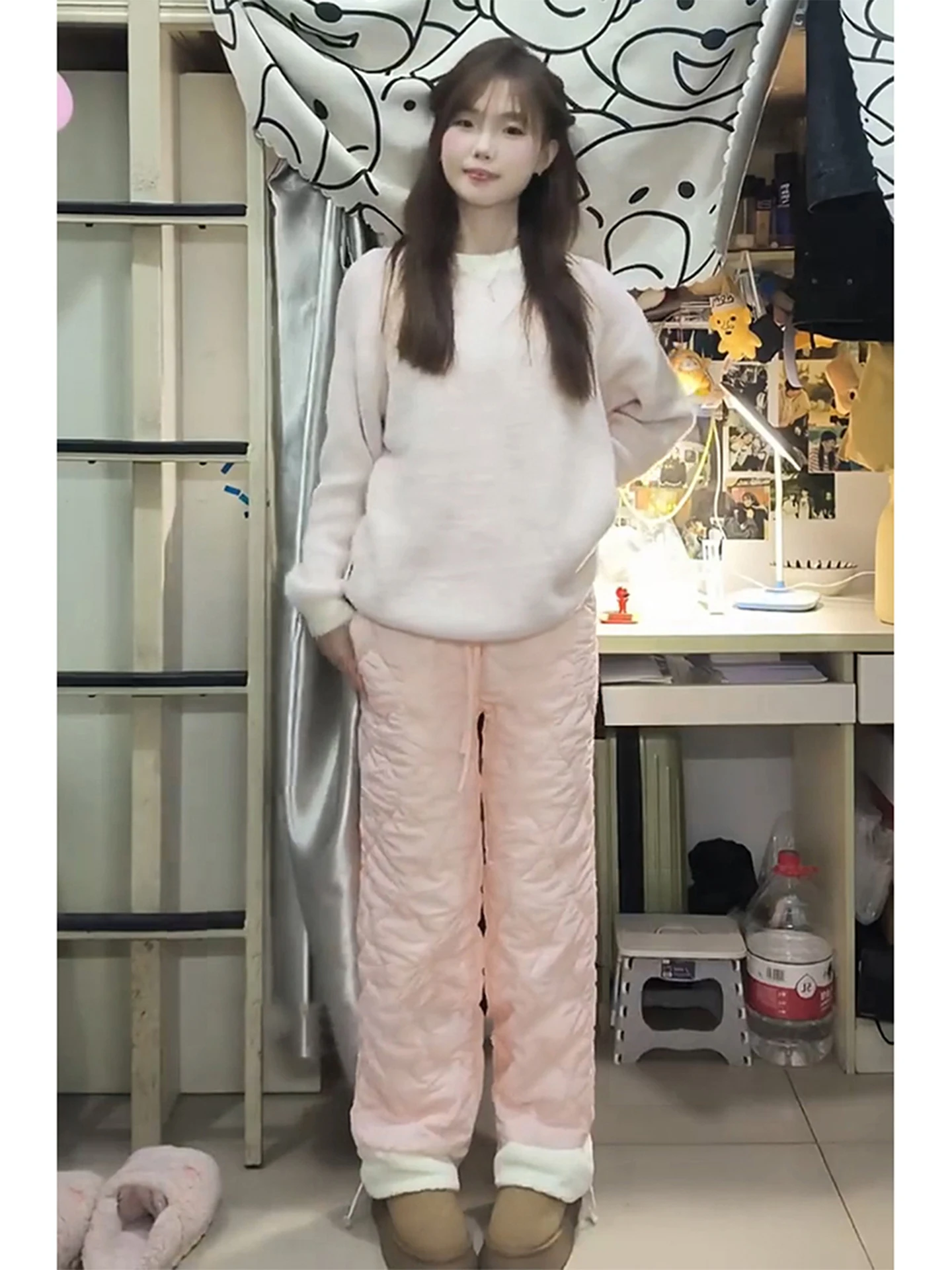 

Pink Quilted down Cotton Pants ex Winter Outerwear Lamb Fur Trousers Windproof Coldproof Straight Leg Long Pants for Teens