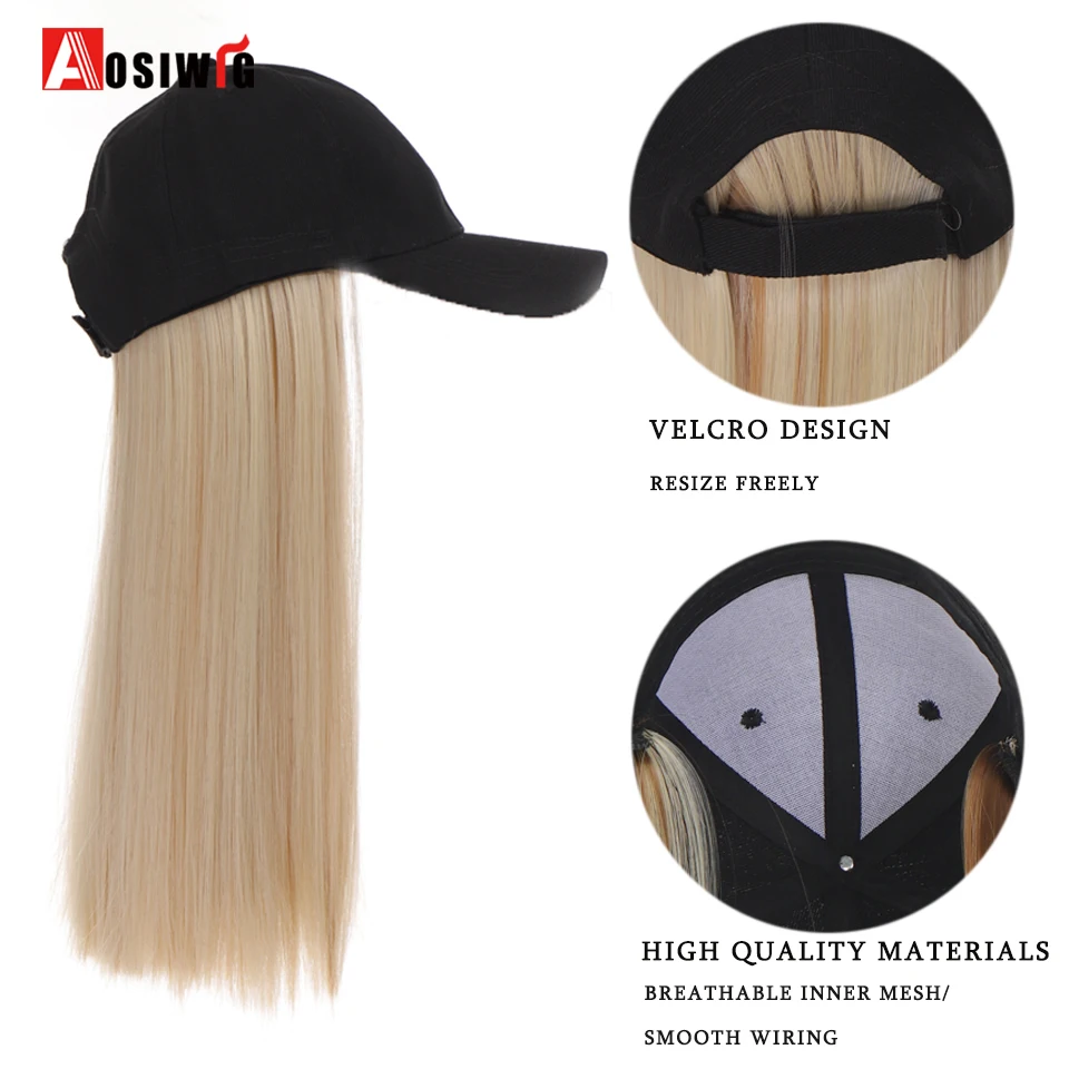 AOSI Fashion Black Baseball Cap With Wig One Piece Women Summer Synthetic Long Straight Hair Adjustable Hat Wig