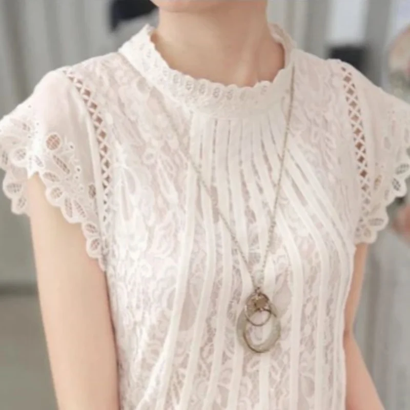 2024 Fashion Summer New Elegant Female Blouse Shirt Youthful Lace Short Sleeve Woman Clothes Hollow Out Tops Blusas Mujer 01C