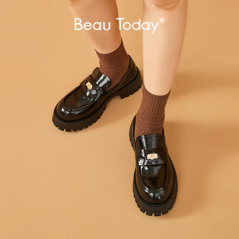 BEAUTODAY Mocassini robusti da donna in vera pelle di mucca tinta unita punta tonda slip-on scarpe classiche uniformi da donna fatte a mano 26569