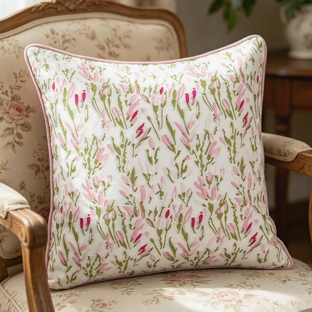 Soft Pink Floral Tulip Jacquard Woven Cushion Cover for sofa Country Cottage Decoration Meadow Pillow Case 18x18