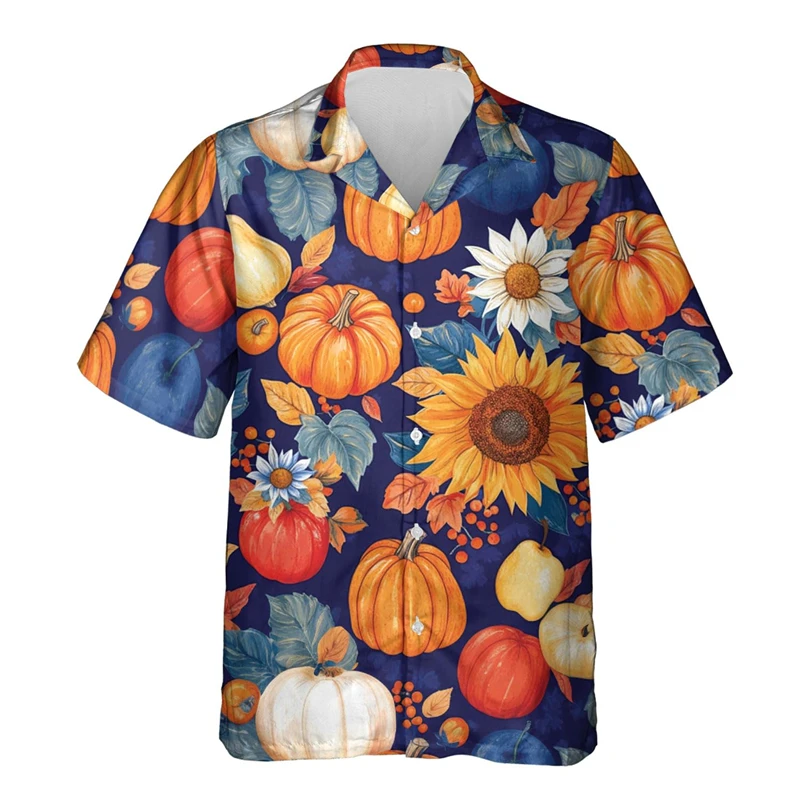 Happy Thanksgiving Day Turkey With Pumpkin Graphic Hawaiian Shirts For Men Casual Short Sleeve Button Up Tee Shirts Tops Blouses