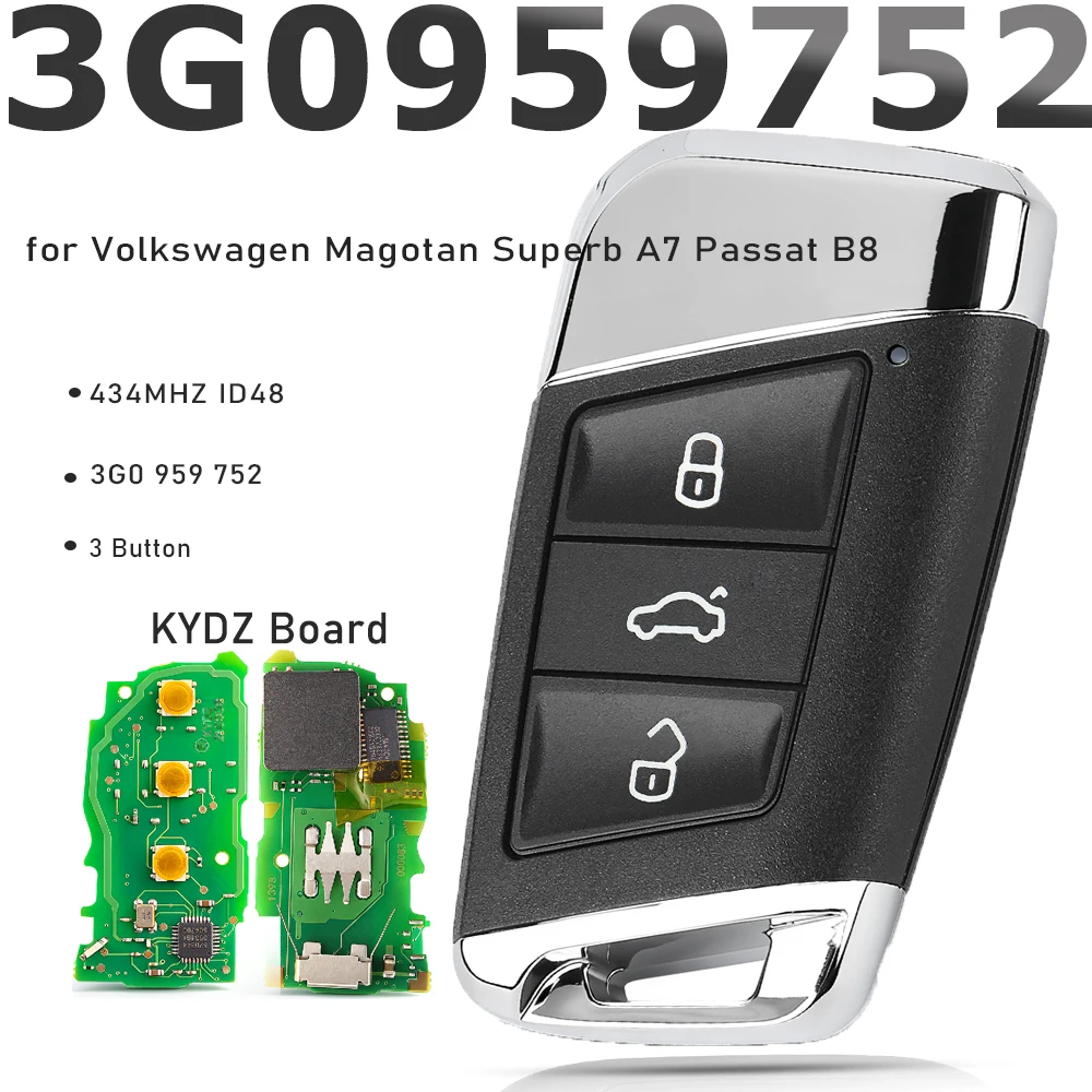 KEYECU 3G0 959 752/ 3G0959752 Smart Remote Key Fob 3 Button 434MHz ID48 Chip for Volkswagen Magotan Superb A7 Passat B8