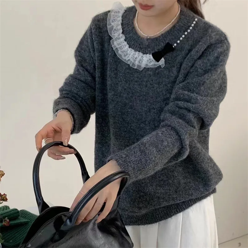

Women's Lace Ruffle Collar Patchwork Beading Pullover Sweater, Autumn and Winter New Solid Color Round Neck Loose Knit Sweater