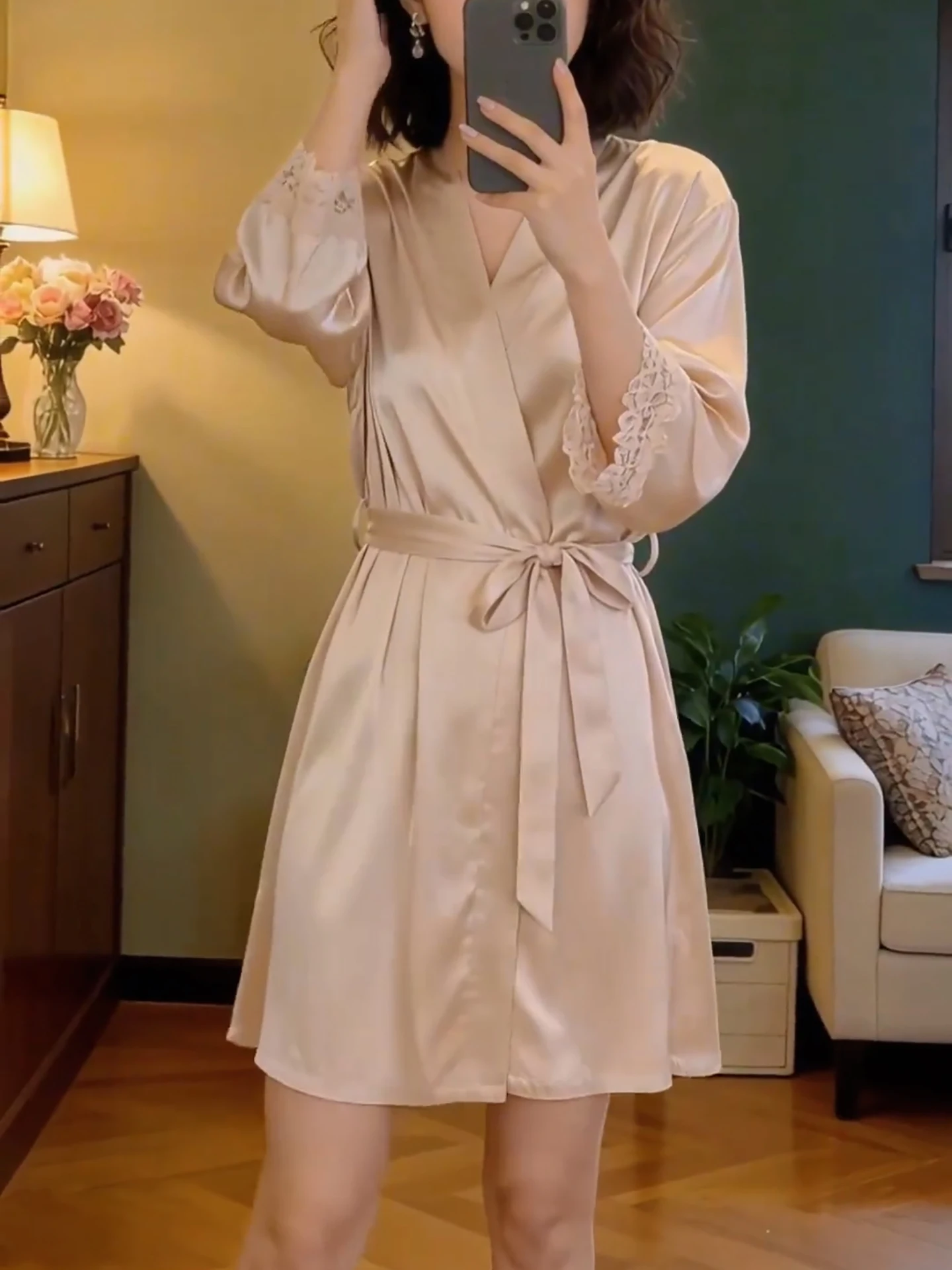 sexy-ice-silk-belted-3-4-sleeve-robe-luxury-home-wear-summer-2026-bride-morning-gown-v-neck-open-cardigan-style-polyester-fiber