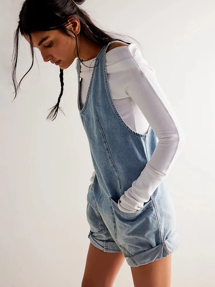 

Женский джинсовый комбинезон-шорты на бретелях, повседневные прямые брюки с завышенной талией, укороченные, удобная посадка