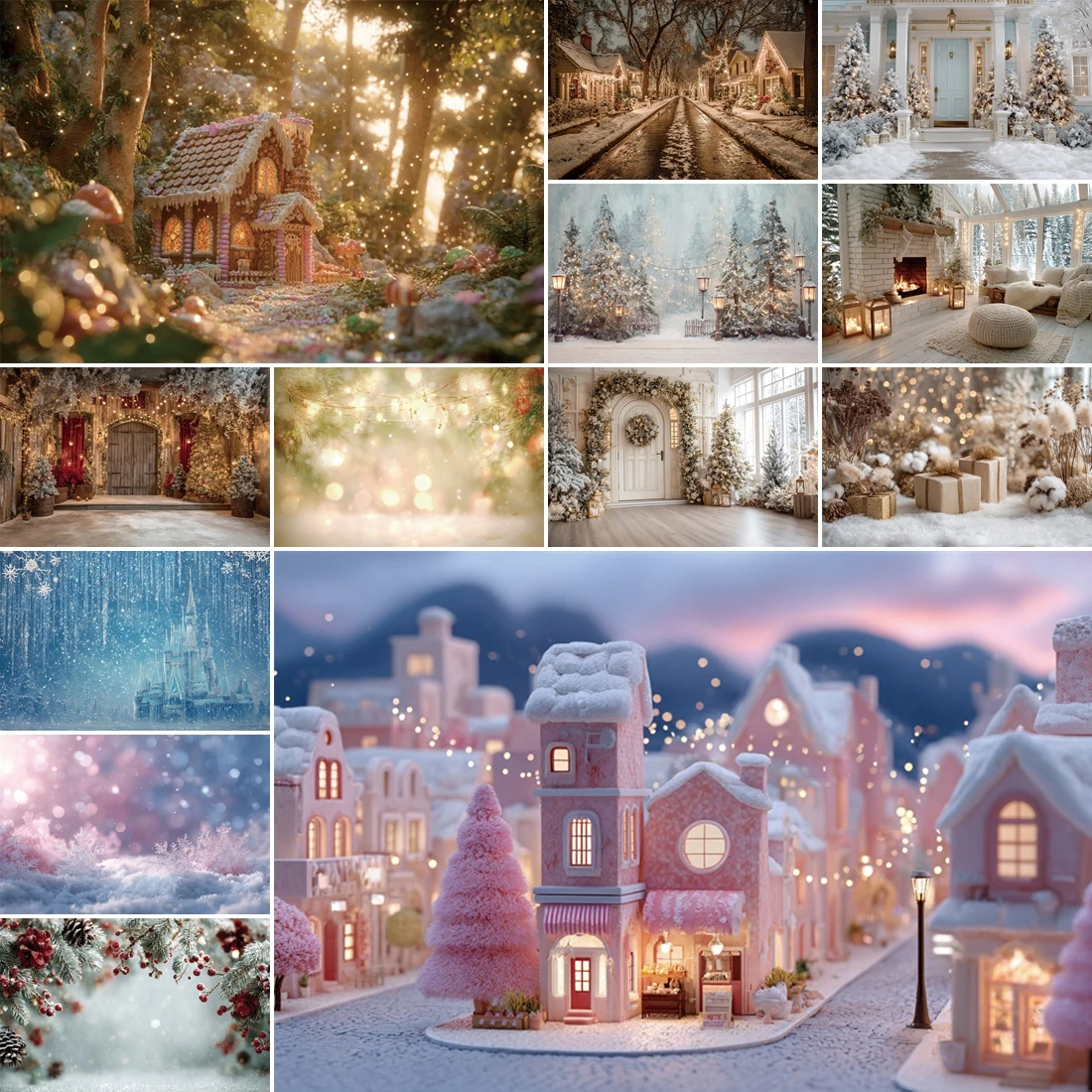 

MOON.QG Fairy Christmas Town Backdrops For Photography Snow Clouds Gingerbread Houses Photo Background Photo Studio Wallpaper