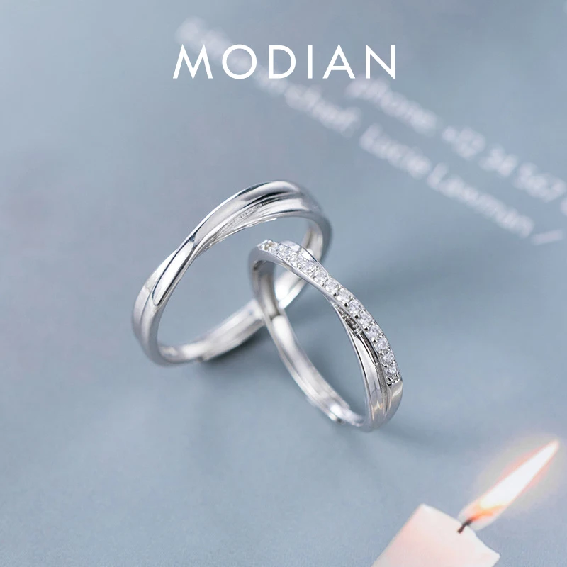 Modian Romantic Engagement Couple Rings for Men and Women 925 Sterling Silver Shiny Clear CZ Glossy Line A Pair Ring Jewelry