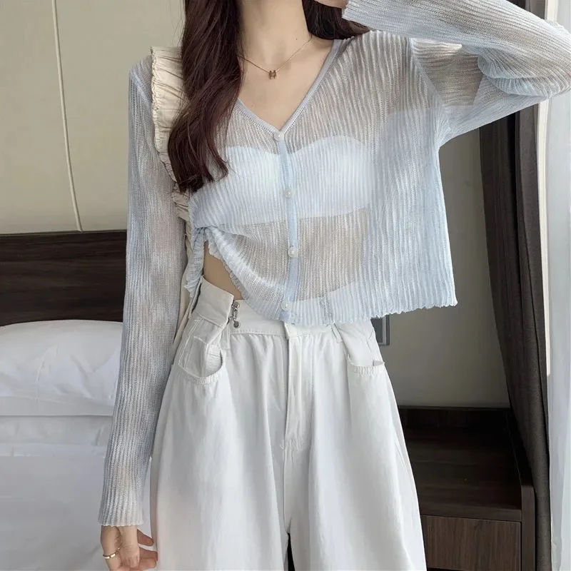 Pink Knitted Cardigan Women Korean Single-Breasted Ice Silk Sunscreen Tops Woman 2023 Summer See Through Thin Long Sleeve Coat