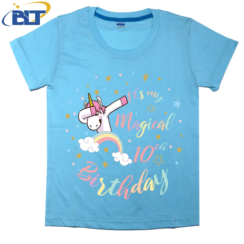 Girl 10thBirthday Magical Unicorn printed kids T-shirt, summer cotton short-sleeved casual top, suitable for both boys and girls