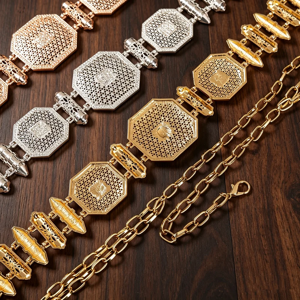 Luxury Gold Plated Hollow Carved Waist Chain Vintage Arabesque Bridal Wedding Belt