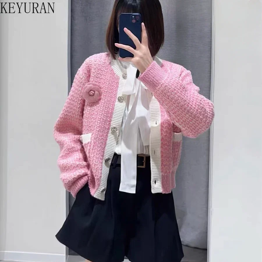 Pink Contrast Color Knitted Cardigan Sweater Coat Women Autumn/Winter Vintage Fashion O-Neck Long Sleeve Knitwear Tops Jumper