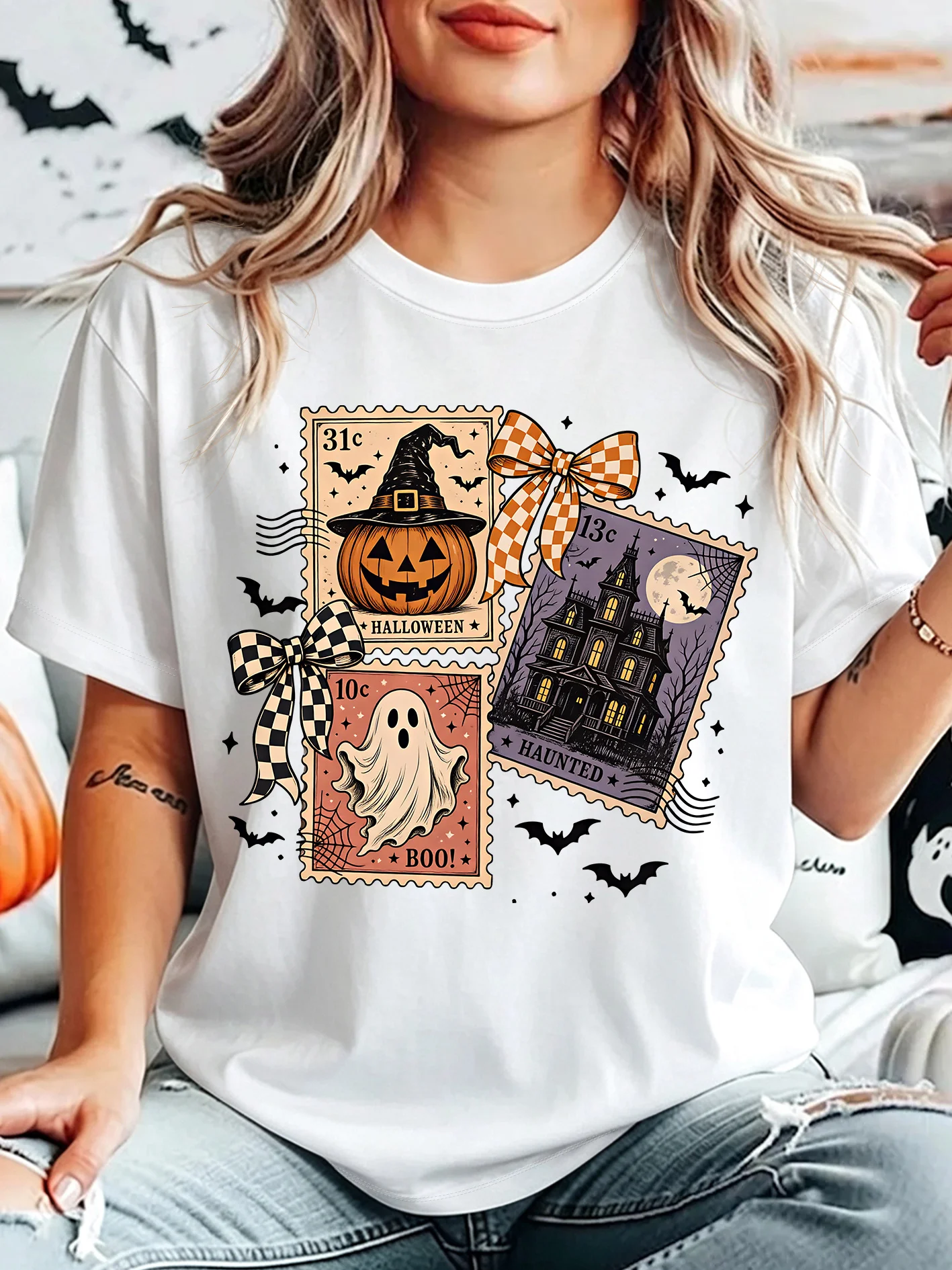 Vintage Halloween Stamp Pumpkin Ghost Haunted House Womens Crew Neck Short Sleeve T Shirt Bow Bat Casual Graphic Tees For Ladies