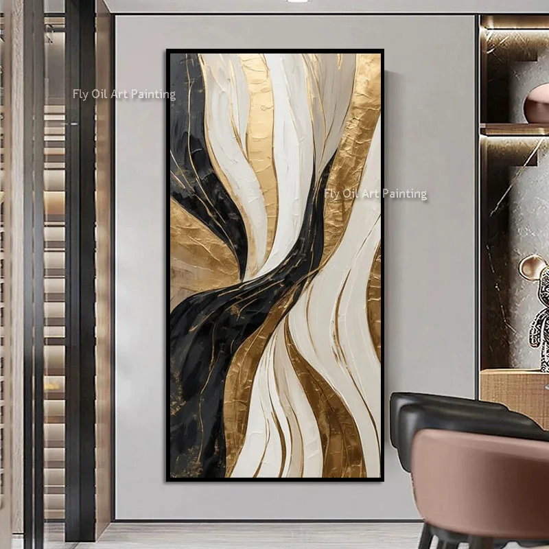 100% Hand Painted Flowing Ribbon Texture Wall Art, Black White Golden Palette Knife Painting, Modern Elegant Decor For Hallway