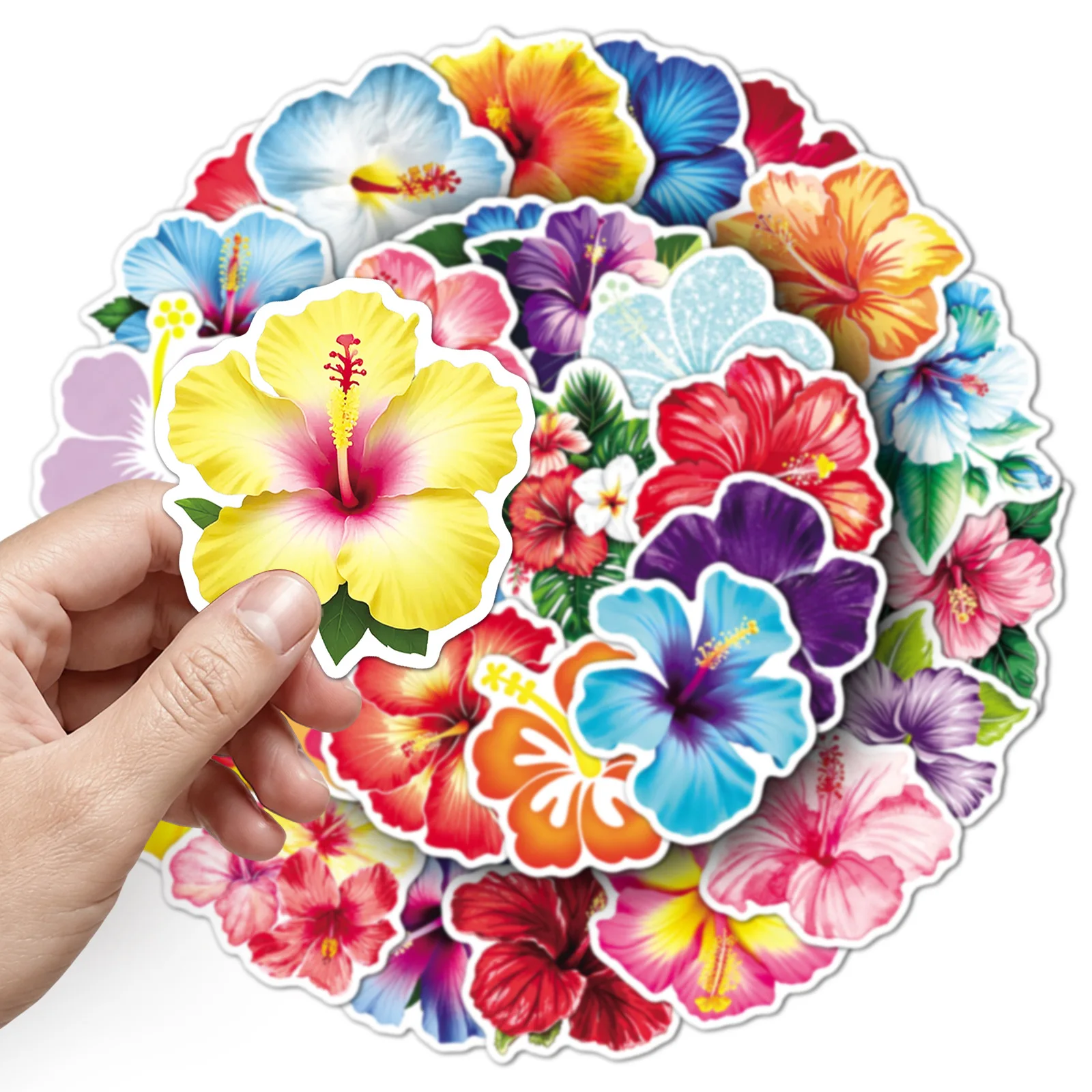 50-Pack Tropical Hibiscus Flower Colorful Plant Stickers Waterproof Decals for Guitar Luggage Fridge Stationery Decoration