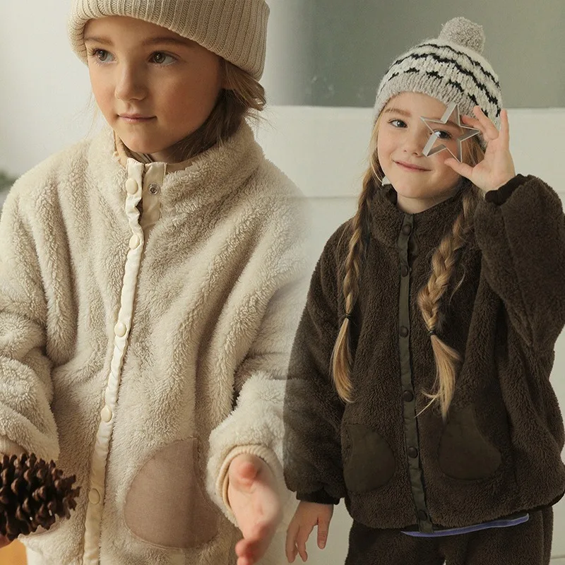 

New Winter Kids Girls Woolen Jacket Stand Collar Toddler Girls Plus Fleece Coat Solid Color Infant Baby Girls Outerwear Coat