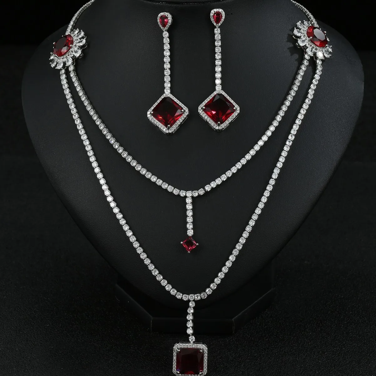 

New Fashion Gorgeous Layered Red Necklace Earring Set sliver color Women's Dress Decorative Jewelry Wedding Party Gift M-832