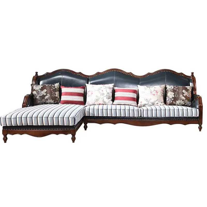 American corner leather cloth sofa size apartment living room, all solid wood first layer cowhide  leather sofa concubine seat