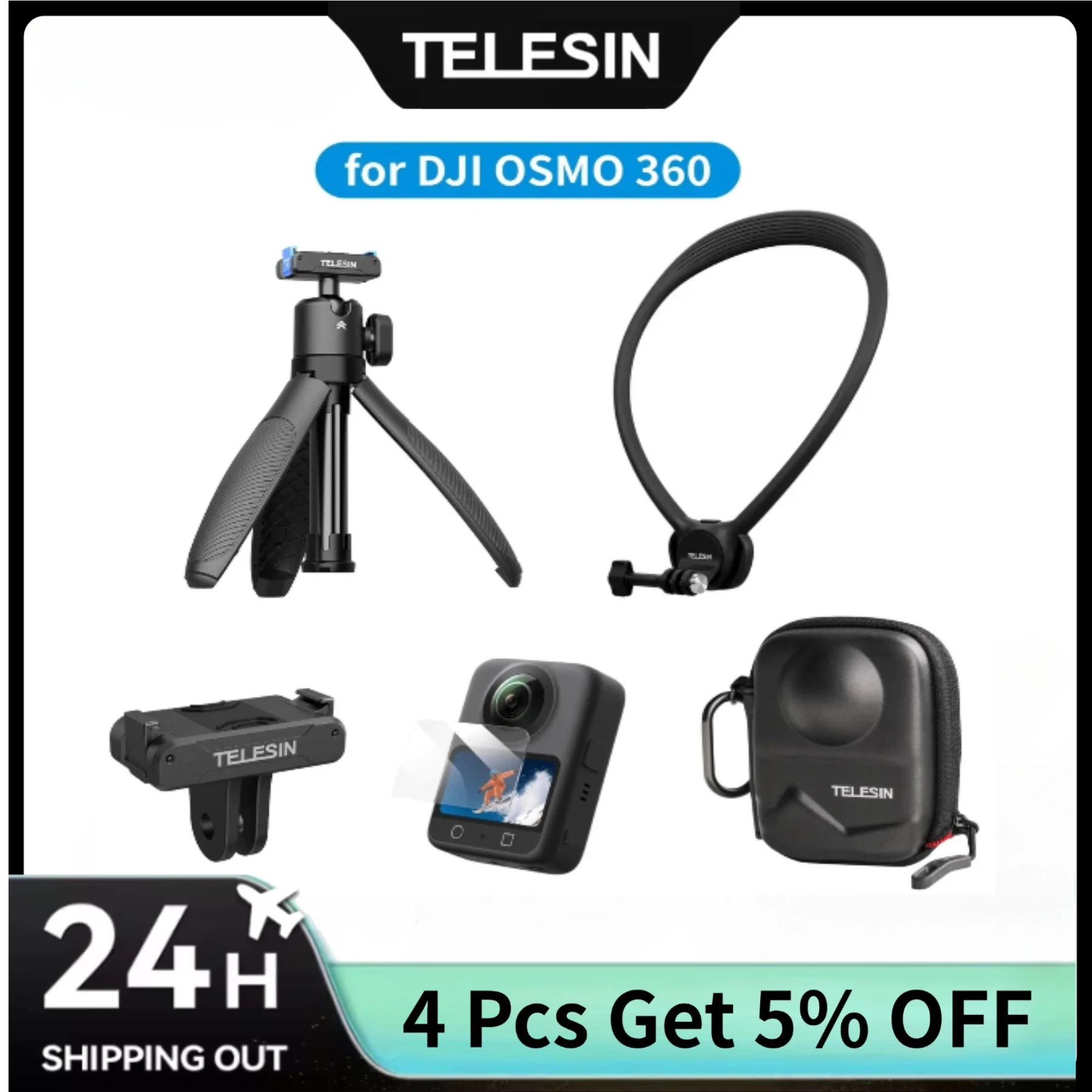 

TELESIN for DJI OSMO 360 Accessories Set 360° Ball Head Selfie Stick Tripod, Neck Mount, Storage Bag, Screen Protector, Adapter