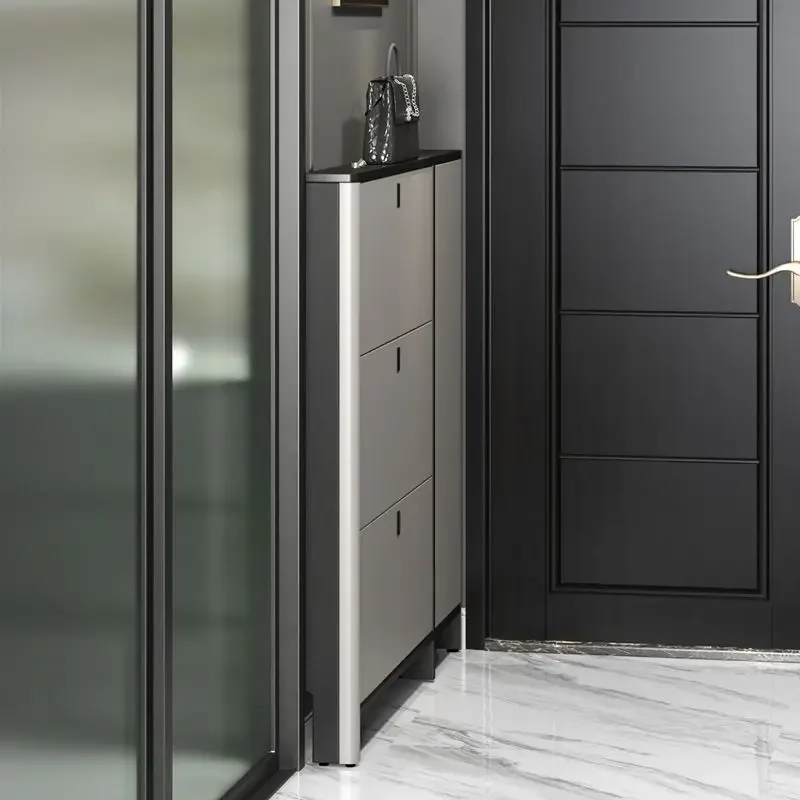 Super narrow shoe cabinet 13cm solid wood small apartment household entrance door tipping bucket entrance cabinet door